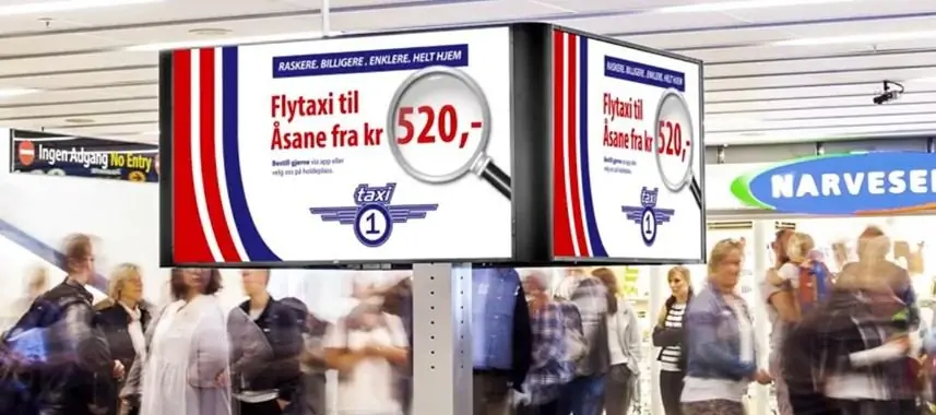 Taxi 1 flytaxi-skilt på Bergen lufthavn Flesland